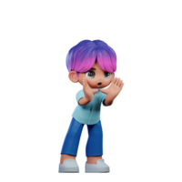 3d Cartoon Character with a Purple Hair and Blue Pants Shouting Pose png