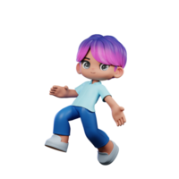 3d cartone animato personaggio con un' viola capelli e blu pantaloni contento salto posa png