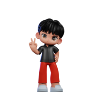 3d Cartoon Character with a Black Shirt and Red Pants Showing Peace Sign Pose png