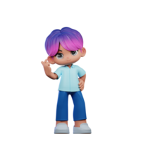 3d cartone animato personaggio con un' viola capelli e blu pantaloni dando amore cartello posa png