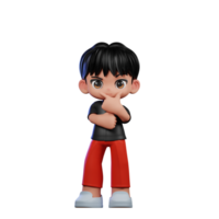 3d cartone animato personaggio con un' nero camicia e rosso pantaloni fare curioso posa png