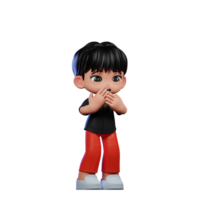 3d desenho animado personagem com uma Preto camisa e vermelho calça receoso pose png