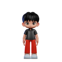 3d dibujos animados personaje con un negro camisa y rojo pantalones en pie frio actitud png