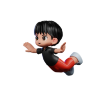 3d desenho animado personagem com uma Preto camisa e vermelho calça vôo pose png