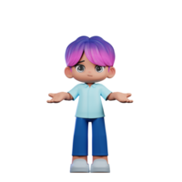 3d dibujos animados personaje con un púrpura pelo y azul pantalones haciendo No idea actitud png