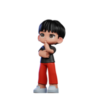 3d desenho animado personagem com uma Preto camisa e vermelho calça pensando profundamente pose png