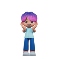 3d desenho animado personagem com uma roxa cabelo e azul calça surpresa reagindo alegremente pose png