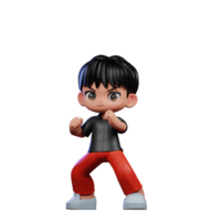 3d cartone animato personaggio con un' nero camicia e rosso pantaloni pronto combattimento posa png