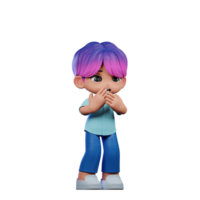 3d desenho animado personagem com uma roxa cabelo e azul calça receoso pose png