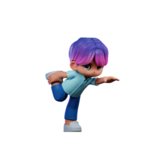3d Cartoon Character with a Purple Hair and Blue Pants Standing One Leg Pose png