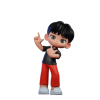 3d dessin animé personnage avec une noir chemise et rouge un pantalon montrer du doigt en haut pose png