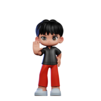 3d Cartoon Character with a Black Shirt and Red Pants Doing Stop Sign Pose png