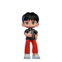 3d desenho animado personagem com uma Preto camisa e vermelho calça mostrando polegares acima pose png