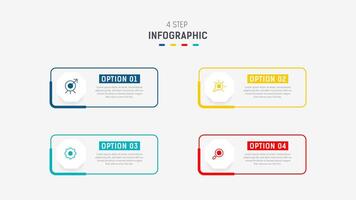 cuatro paso infografía elemento diseño modelo para presentación. proceso diagrama y presentaciones paso, flujo de trabajo disposición, bandera, fluir cuadro, informacion gráfico ilustración. vector