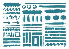 Brush strokes graphic element set. Artistic brushes template. Lines, circle, arrow, square, and wavy shapes stroke. vector