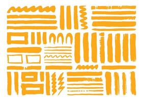 Orange paint brush strokes element bundle. Grunge lines, curve, square, zigzag, and wavy shapes brushes. Artistic painting graphic elements. vector