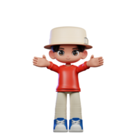 3d cartone animato personaggio con un' cappello e rosso camicia mostrando benvenuto posa png