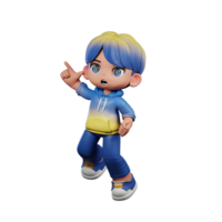 3d desenho animado personagem com uma azul camisa e amarelo calça fazendo feliz pulando pose png