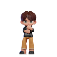 3d Cartoon Boy with Brown Hair and Black Jacket Doing Curious Pose png