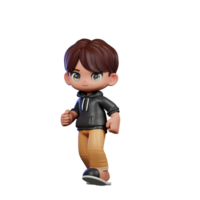 3d Cartoon Boy with Brown Hair and Black Jacket Walking Pose png