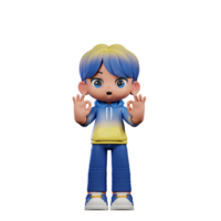 3d Cartoon Character with a Blue Shirt and Yellow Pants Showing Ok Sign Pose png