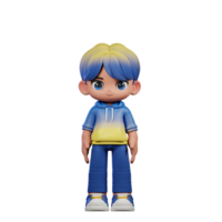 3d cartone animato personaggio con un' blu camicia e giallo pantaloni in piedi freddo posa png