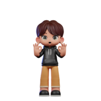 3d Cartoon Boy with Brown Hair and Black Jacket Showing Ok Sign Pose png