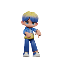 3d cartone animato personaggio con un' blu camicia e giallo pantaloni puntamento giù posa png