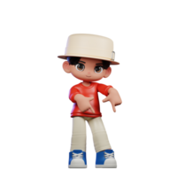 3d dibujos animados personaje con un sombrero y rojo camisa señalando abajo actitud png