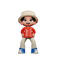 3d cartone animato personaggio con un' cappello e rosso camicia in piedi ridere posa png