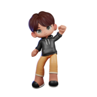 3d Cartoon Boy with Brown Hair and Black Jacket Giving Congrats Pose png