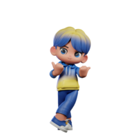 3d Cartoon Character with a Blue Shirt and Yellow Pants Pointing at Side Pose png