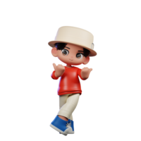 3d Cartoon Character with a Hat and Red Shirt Pointing at Side Pose png