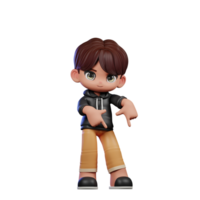 3d desenho animado Garoto com Castanho cabelo e Preto Jaqueta apontando baixa pose png