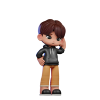 3d Cartoon Boy with Brown Hair and Black Jacket Worry Pose png