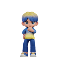 3d cartone animato personaggio con un' blu camicia e giallo pantaloni curioso posa png