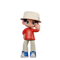 3d Cartoon Character with a Hat and Red Shirt Pointing at Him Pose png