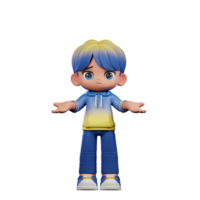 3d Cartoon Character with a Blue Shirt and Yellow Pants Doing No Idea Pose png