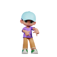 3d petit garçon avec une bleu chapeau et une violet chemise montrer du doigt vers le bas pose png