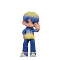 3d desenho animado personagem com uma azul camisa e amarelo calça apontando às ele pose png