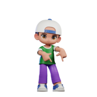 3d cartone animato personaggio di un' ragazzo nel un' verde camicia e viola pantaloni puntamento giù posa png