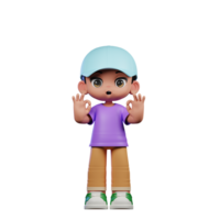 3d petit garçon avec une bleu chapeau et une violet chemise montrant D'accord signe pose png