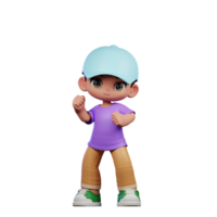 3d petit garçon avec une bleu chapeau et une violet chemise félicitations pose png