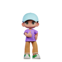 3d petit garçon avec une bleu chapeau et une violet chemise montrant les pouces en haut pose png