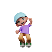 3d petit garçon avec une bleu chapeau et une violet chemise sauter air content pose png