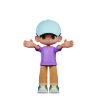 3d piccolo ragazzo con un' blu cappello e un' viola camicia mostrando benvenuto posa png