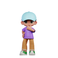 3d klein Junge mit ein Blau Hut und ein lila Hemd neugierig Pose png