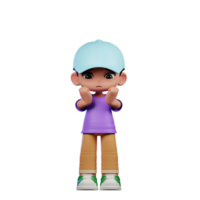 3d pequeño chico con un azul sombrero y un púrpura camisa preocupado actitud png