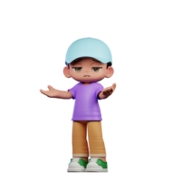 3d pequeño chico con un azul sombrero y un púrpura camisa confuso actitud png