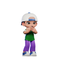 3d cartone animato personaggio di un' ragazzo nel un' verde camicia e viola pantaloni impaurito posa png